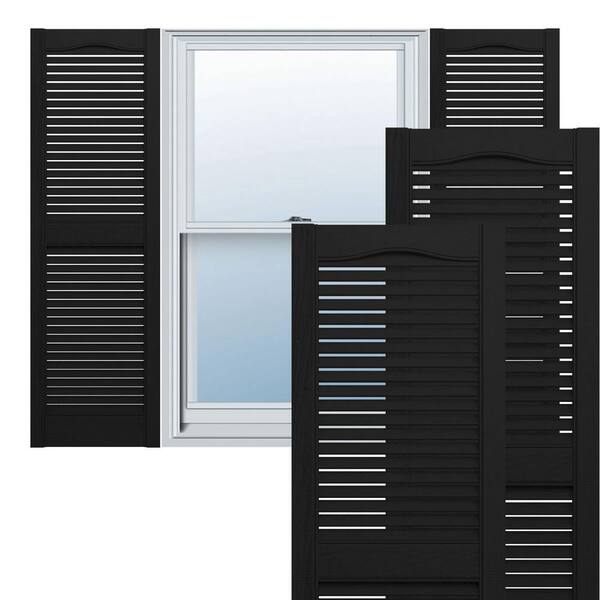 Ekena Millwork 12 in. x 74 in. Lifetime Vinyl Custom Cathedral Top Center Mullion Open Louvered Shutters Pair Black