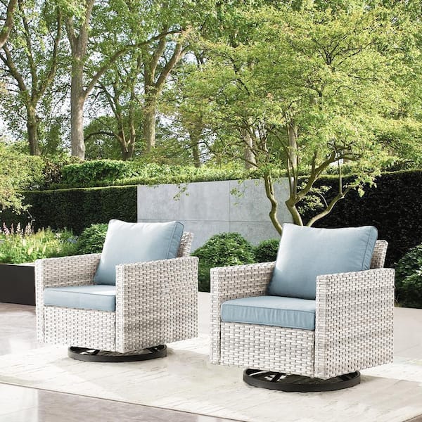 Pocassy 2-Piece LightBeige Wicker Patio Swivel Outdoor Rocking Chair Set with BabyBlue Cushions
