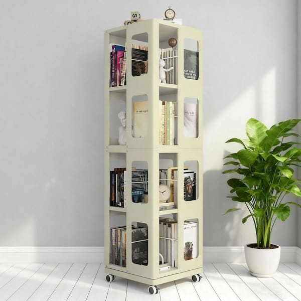 4-Tier Yellow Steel Storage Cart, Rotating Shelving Unit Bookshelf with 360° Wheels for Kitchen Bathroom Office