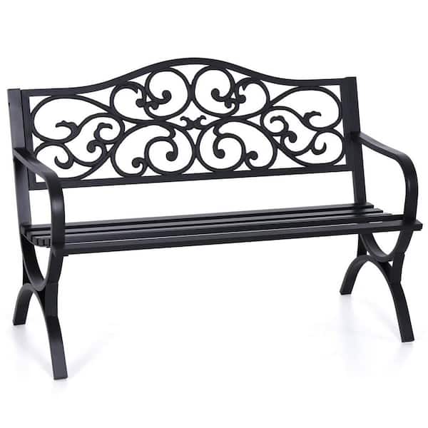 50 in. 3-Person Black Metal Garden Bench Patio Park Bench with Floral Pattern Backrest, Arch Legs for Porch, Lawn, Yard