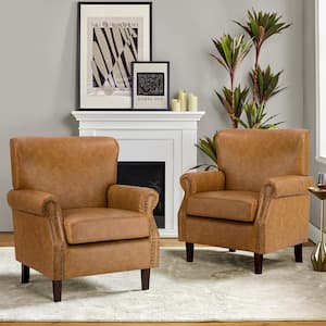 Enzo Traditional Comfy Vegan Leather Solid wood Legs Armchair w/ Nailhead Trim for Livingroom and office Set of 2-Camel