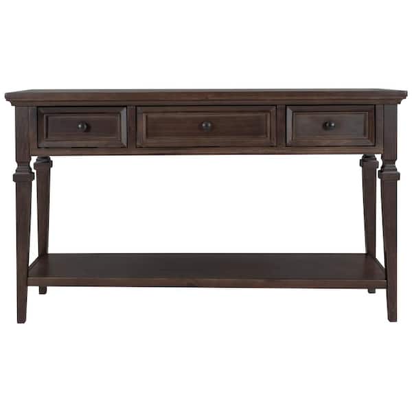 LUCKY ONE Retro Style Entryway Tables 50 in. Rectangle Espresso Wood Console Table with 3 Drawers and Bottom Shelf