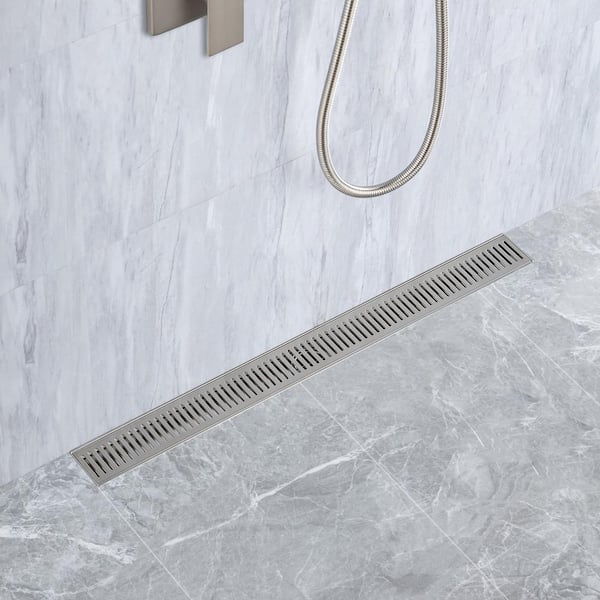 28 in. Stainless Steel Linear Shower Drain with Square Pattern Drain Cover in Brushed Nickel