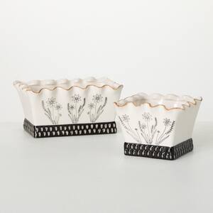 5.25 in. and 7.5 in. White Scalloped Floral Stone Planter (Set of 2)