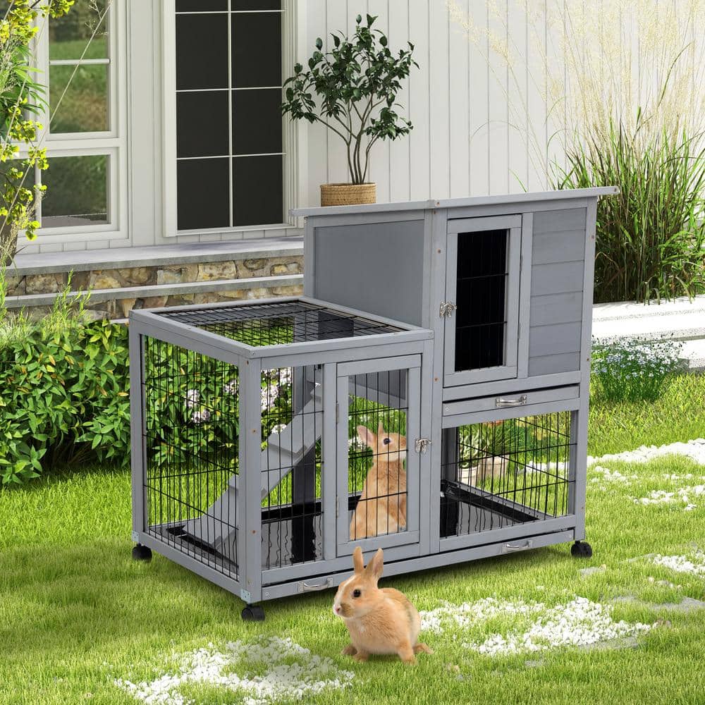 Detachable Rabbit Hutch with Removable Tray and Rolling Casters, Gray and W