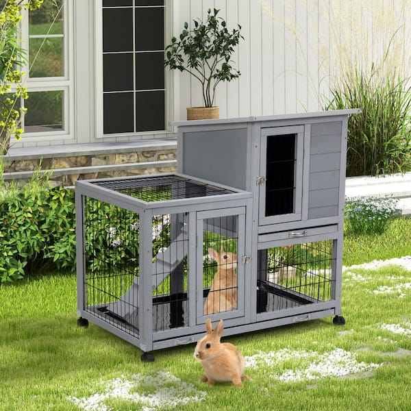 Unbranded Detachable Rabbit Hutch with Removable Tray and Rolling Casters, Gray and White