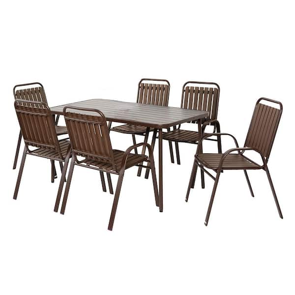 Unbranded 7-Piece Brown Steel Outdoor Patio Dining Set, 6 Armrest Chair and Square Table Outdoor Bistro Set Outdoor Furniture Set
