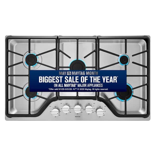 Maytag 36 in. Gas Cooktop in Stainless Steel with 5 Burners Including 15000 BTU Power Burner