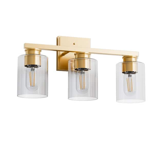 18 in. 3-Light Gold Vanity Light with Cylinder Clear Glass Shades for Vanity, Powder Room or Dressing Room