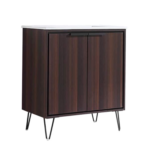 CASAINC 30 in. W x 18 in. D x 35 in. H Bathroom Vanity in Dark Brown Oak Wood Grain with White Ceramic Top, Side Cabinet