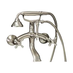 Vintage Style 3-Handle Wall Mount Claw Foot Tub Faucet with Cross Handles and Handshower in Brushed Nickel
