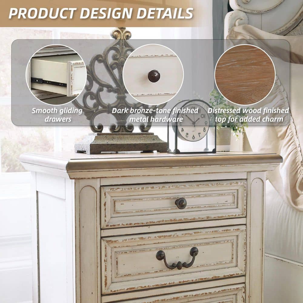 Chipped White & Distressed Wood 3-Drawer Nightstand with USB Ports