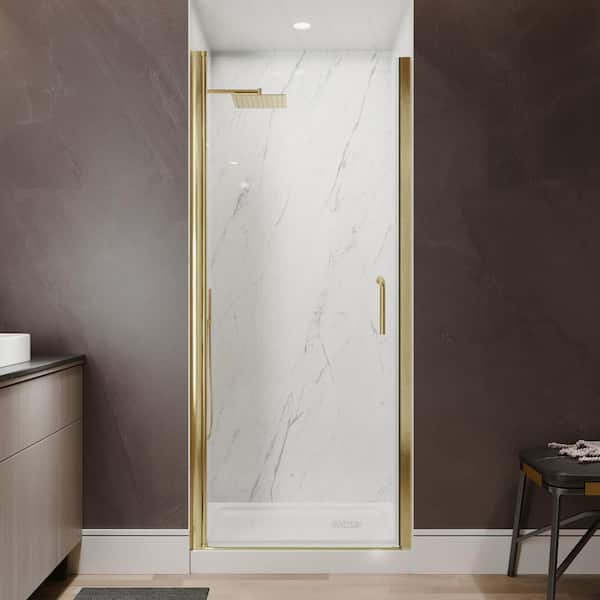 Victoria 32 to 34 in. W x 72 in. H Pivot Swing Frameless Shower Door in Brushed Gold with Clear Glass