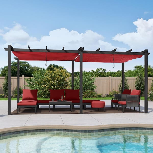 10 ft. W x 18 ft. D Modern Gray Aluminum Pergola with Two Individual Adjustable Red UV Resistant Sun Shelter Canopies
