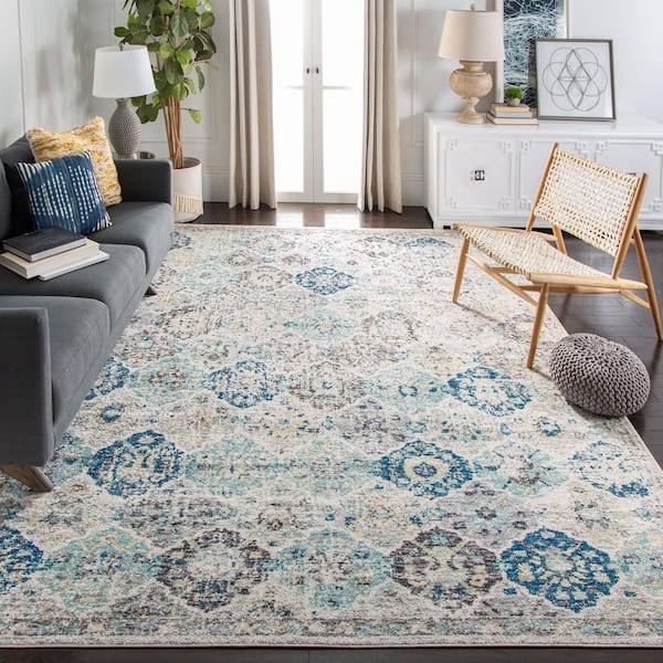 Madison Ivory/Aqua 12 ft. x 12 ft. Border Floral Medallion Geometric Square Area Rug