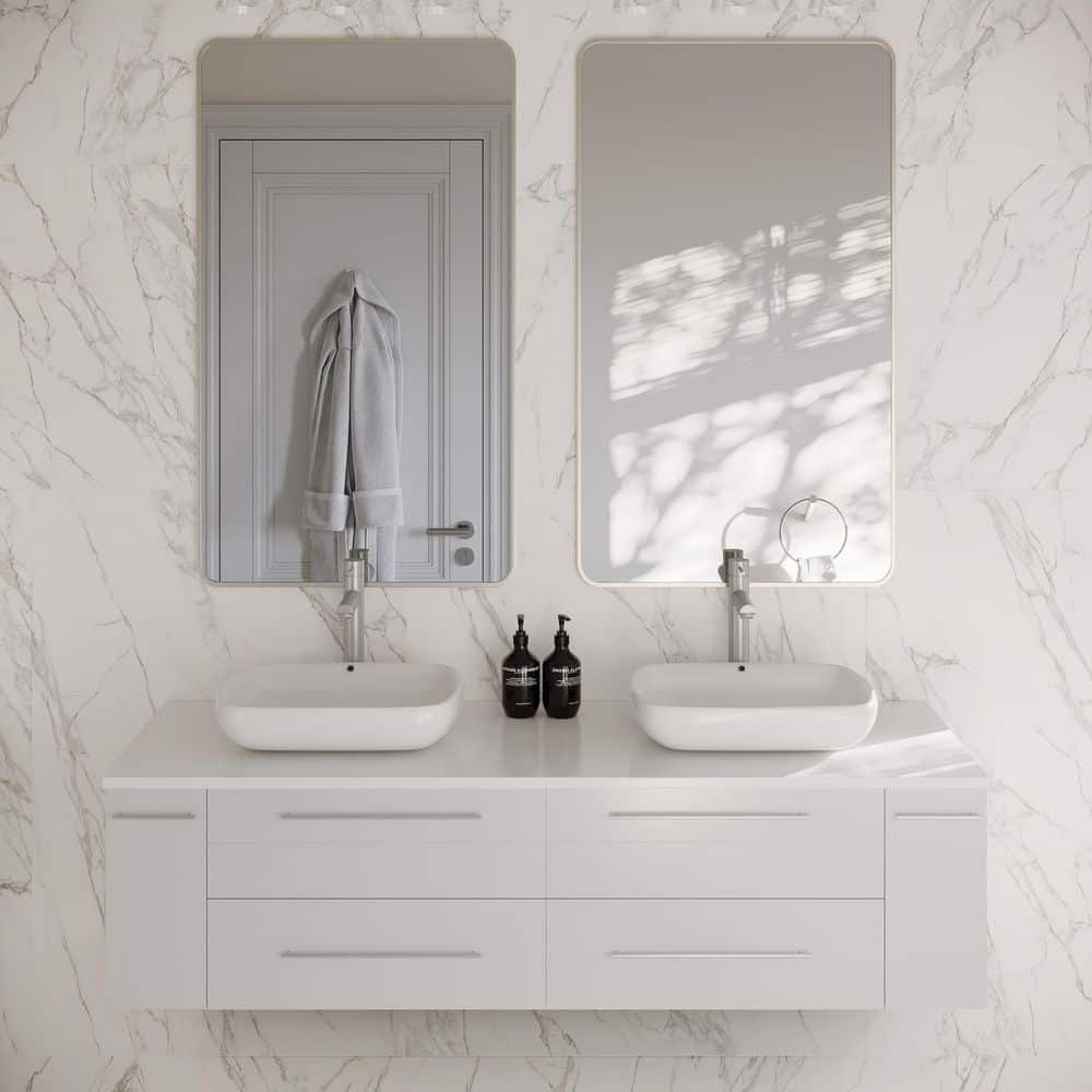 Modern 60" White Quartz Stone Double Vessel Sink Wall-Mount Vanity