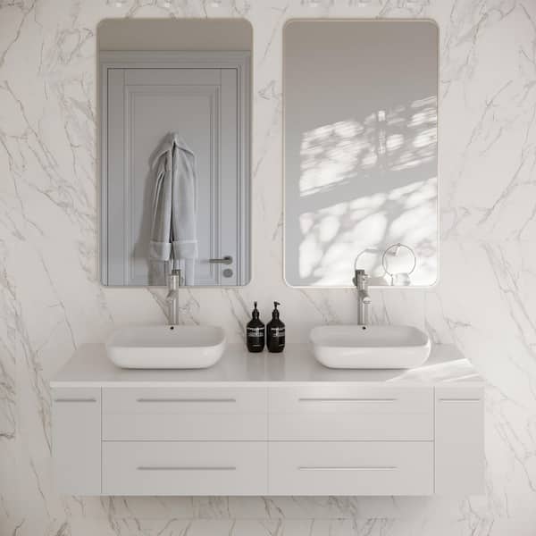 Lucera 60 in. Double Sink Wall Mount Floating White Bath Vanity with White Quartz Top and Vessel Ceramic Sinks