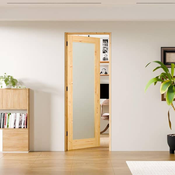 30 in. x 80 in. Full Lite Frosted Glass Left Handed Brown Solid Core Assembly Required Door Kit with Quick Assemble Jamb