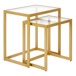 Rocco 22 in. Brass Finish Rectangular Glass Top End Table with 2 Nested Tables