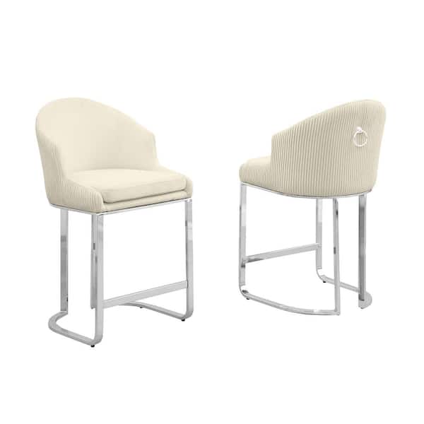 Best Quality Furniture Raul 24 in. Cream Low Back Metal Frame Chrome Iron Legs Counter Stool With Teddy Fabric Set of 2