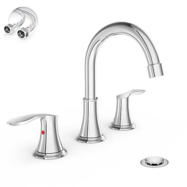 Widespread 8 Inch 3 Holes Bathroom Faucet，2 Handles Chrome Modern Bathroom Sink Faucet with Metal Pop-Up Drain