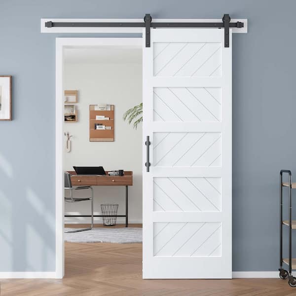 30 in. x 84 in. 5-Panel White Finished MDF Sliding Barn Door with Hardware Kit