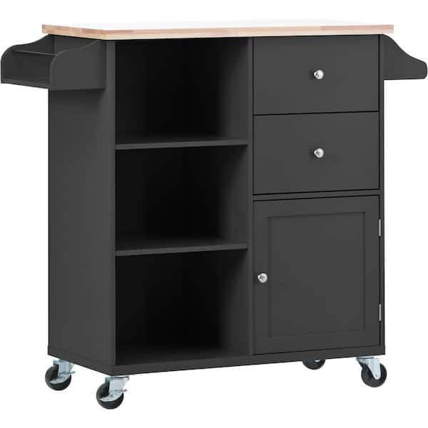 Zeus & Ruta Rolling Pantry Black Wood Kitchen Cart with 2-Drawers and 3 Open Shelves (41 in. W)