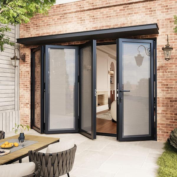 120 in. x 80 in. Left Swing/Outswing Double Tempered Glass Black Louver Aluminum Folding Patio Door