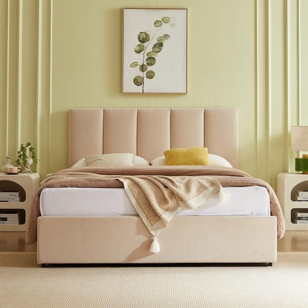 Ahokua Beige Plywood Frame Queen Size Platform Bed with Storage Drawers