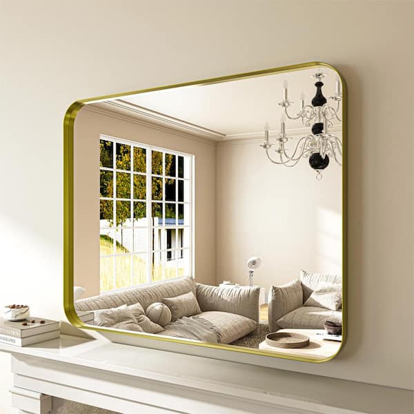ORGANNICE 32 in. W x 40 in. H Modern Gold Aluminum Framed Rounded Wall Mount Mirror