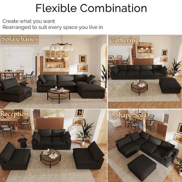 5-Piece Cloud Couch Down Filled Black Linen Living Room Set with Ottoman and Detachable Covers for Apartment