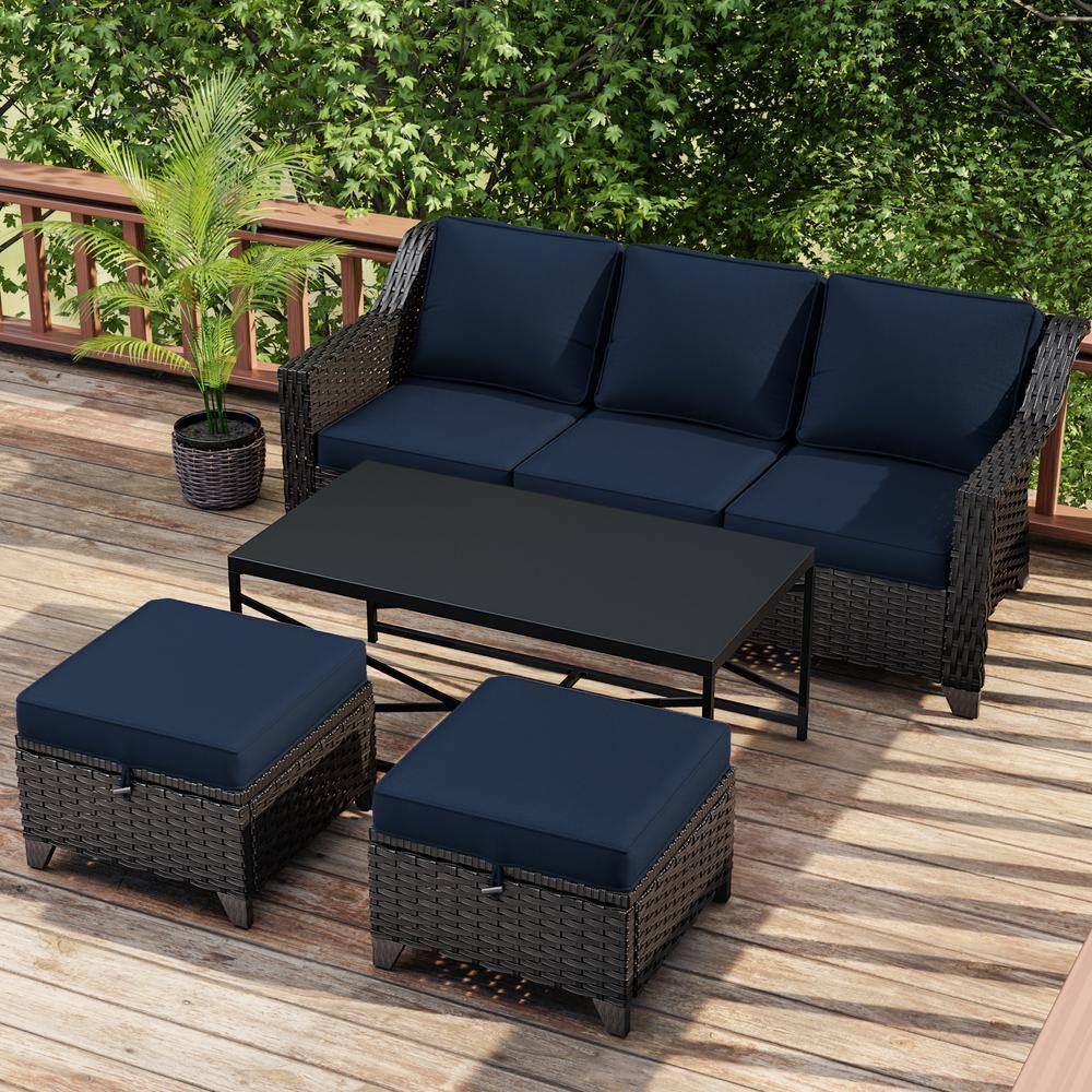 4-Piece Wicker Outdoor Patio Conversation Set with Blue Cushions and Ottoman