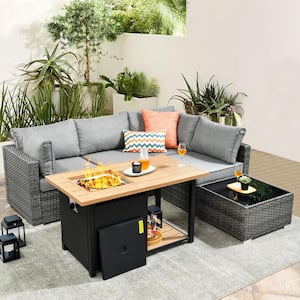 Riley 6-Piece Wicker Patio Rectangular Fire Pit Set with Dark Gray Cushions