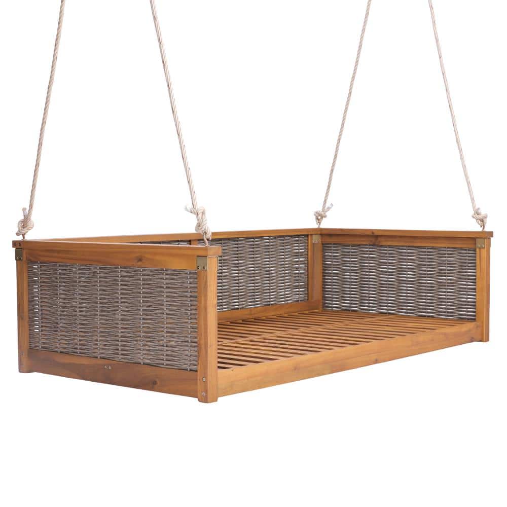 Nestfair 79.5 in. W 2-Person Teak Wood Porch Swing with Long Ropes ...