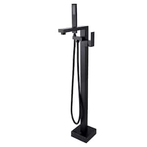1-Spray Residentail Single Handle Freestanding Floor Mounted Faucet with Handshower in Matte Black