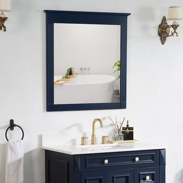 WELLFOR 32 in. W x 33 in. H Rectangular Wood Framed Wall Bathroom Vanity Mirror in Navy Blue, Vertical Hanging, Solid Wood