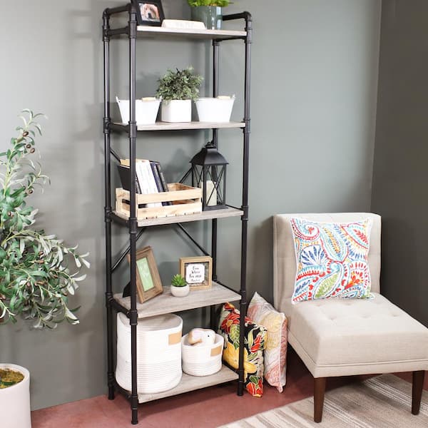 Sunnydaze 5 Shelf Industrial Style Freestanding Etagere Bookshelf with Wood  Veneer Shelves