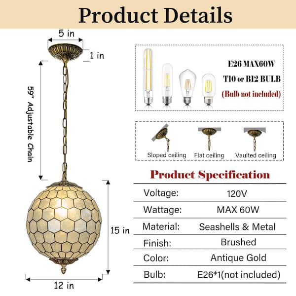ALOA DECOR 1-Light 12 in. Vintage Mid Century Natural Capiz