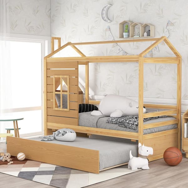 Harper & Bright Designs Natural Twin Size Wood House Bed with Trundle