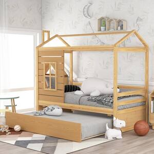 Wood Natural Twin Size House Bed with Trundle