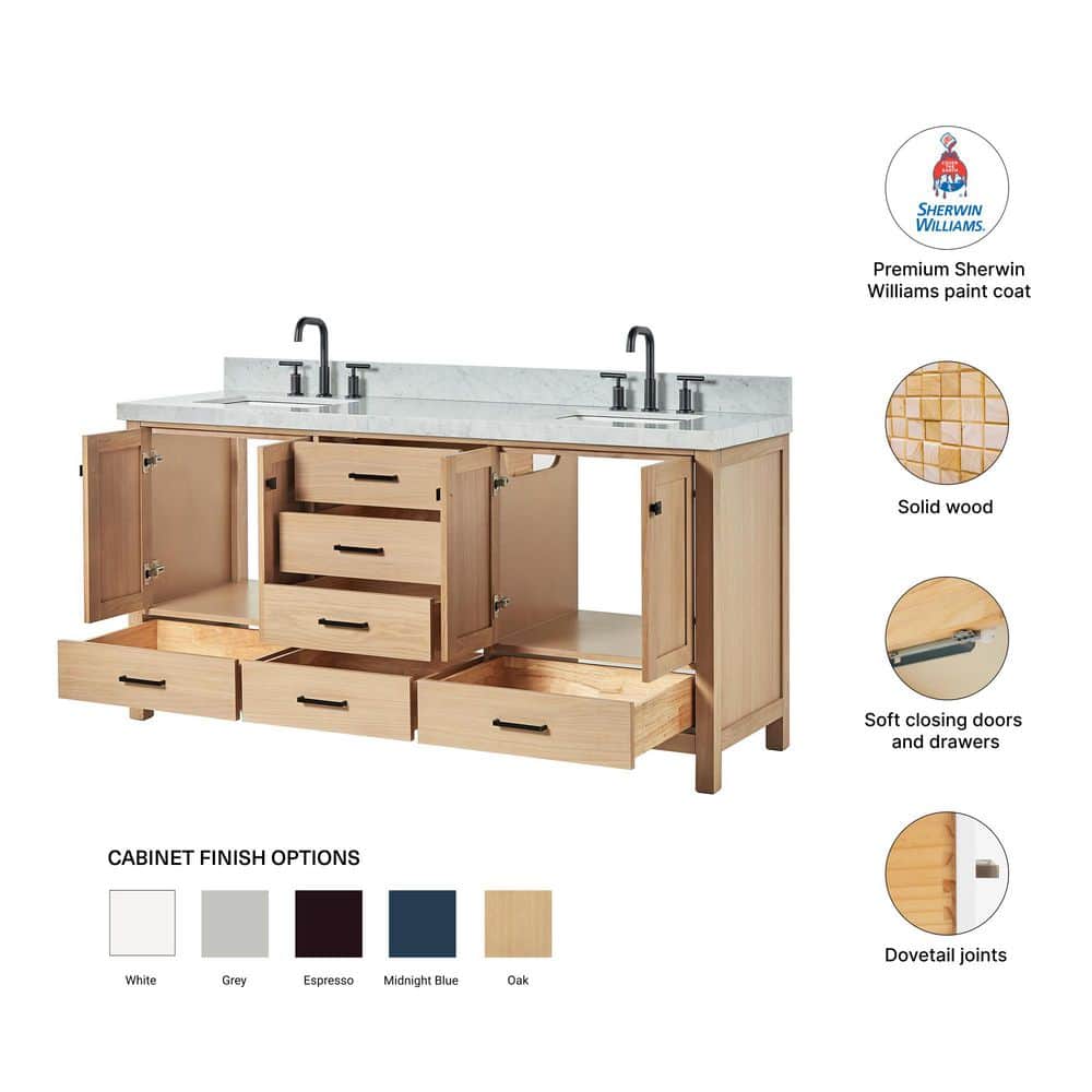 Cambridge 72'' Oak Double Bathroom Vanity with Carrara Marble Top