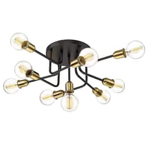 33.5 in. 9-Light Black and Gold Semi-Flush Mount Modern Industrial Ceiling Light Chandelier