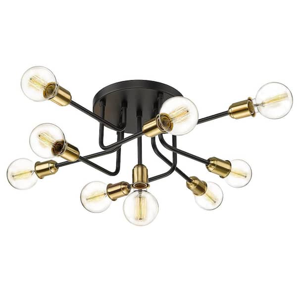 JAZAVA 33.5 in. 9-Light Black and Gold Semi-Flush Mount Modern Industrial Ceiling Light Chandelier
