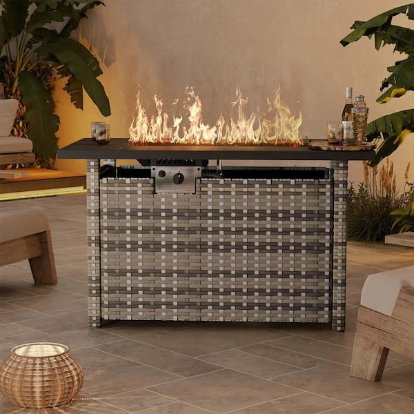 Gray 44 in. 50000 BTU Rectangular Wicker Outdoor Propane Fire Pit Table with Storage Space, Lid and Rain Cover