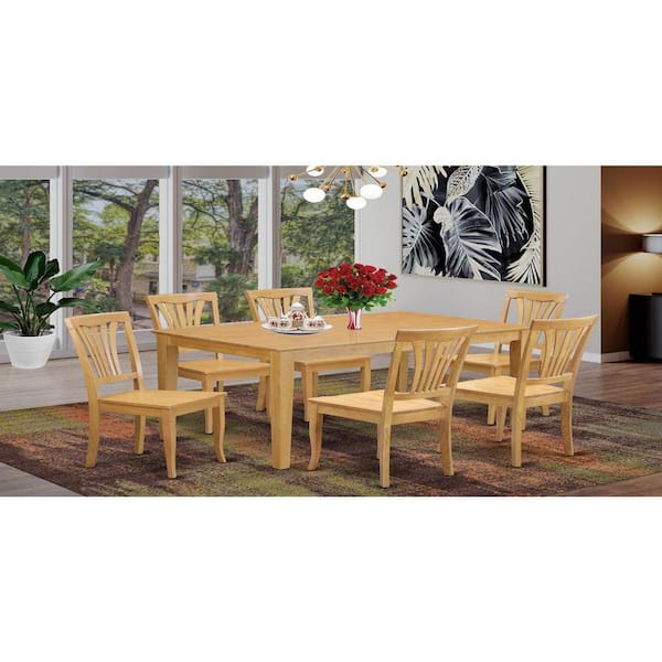 East West Furniture 7-Piece Rectangle Natural Oak Finish Solid Wood Top Dining Table with 6 Chairs with Lattice Back