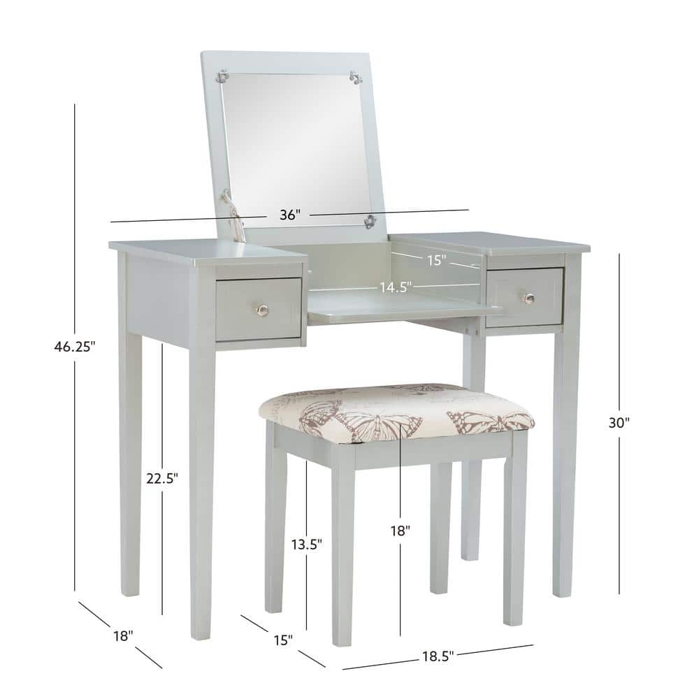 Silver Butterfly 39" Vanity Set with Padded Stool and Flip Top Mirror