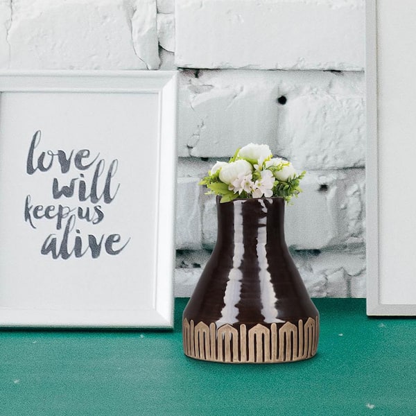 Benjara Brown Ceramic Vase with Gloss Finish and Banded Tribal Bottom (Set of 2)