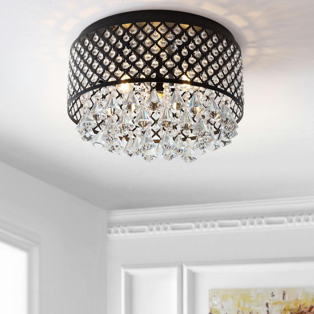 Black Crystal Drum LED Flush Mount Ceiling Light, 17"