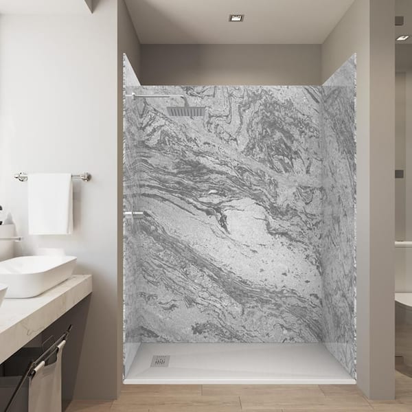 CASTICO Ocean Gray 32 in. x 60 in. x 84 in. Solid Composite Stone Alcove Shower Kit with Walls and White Pan Base L/R Drain