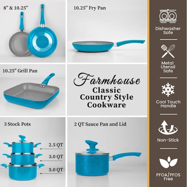 GRANITESTONE Farmhouse 13-Piece Aluminum Ultra-Durable Chalk Grey Diamond  Infused Nonstick Coating Cookware Set in Speckled Turquoise 8302 - The Home  Depot
